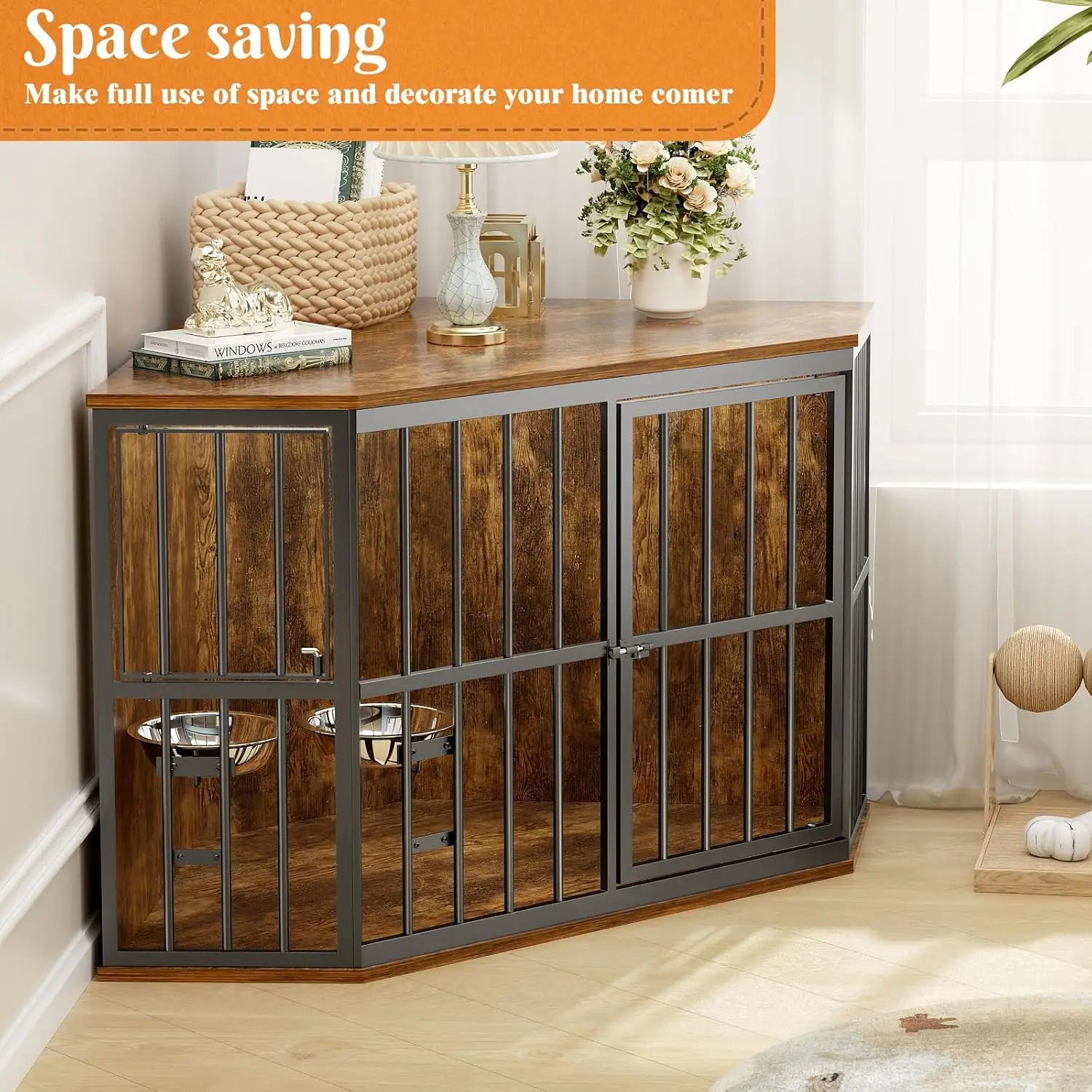 🐾 53" Corner Dog Kennel Wooden End Table – Space-Saving Crate with Built-In Bowl & Wide Top
