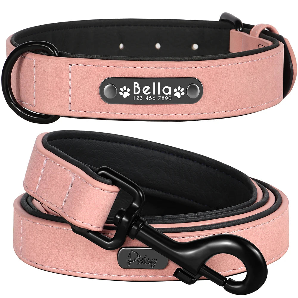Personalized Leather Dog Collar & Leash Set – Custom ID for Small to Large Breeds