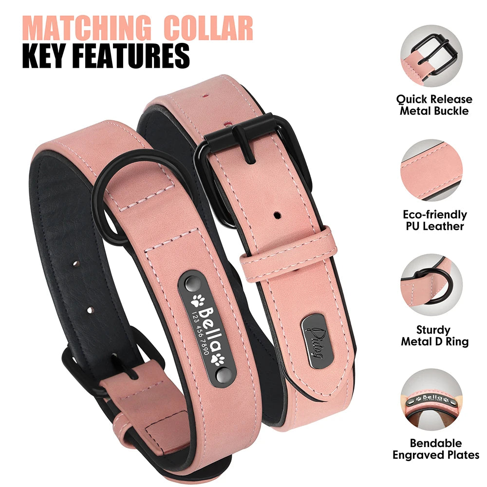 Personalized Leather Dog Collar & Leash Set – Custom ID for Small to Large Breeds