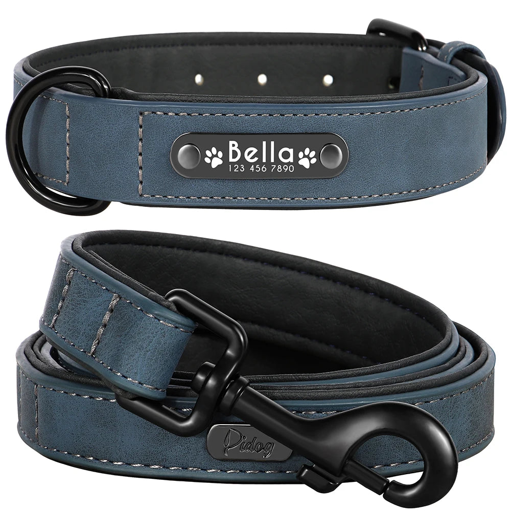 Personalized Leather Dog Collar & Leash Set – Custom ID for Small to Large Breeds