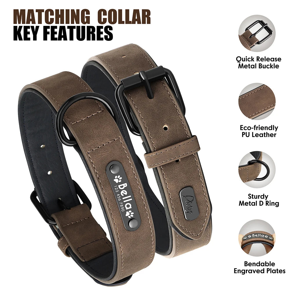 Personalized Leather Dog Collar & Leash Set – Custom ID for Small to Large Breeds