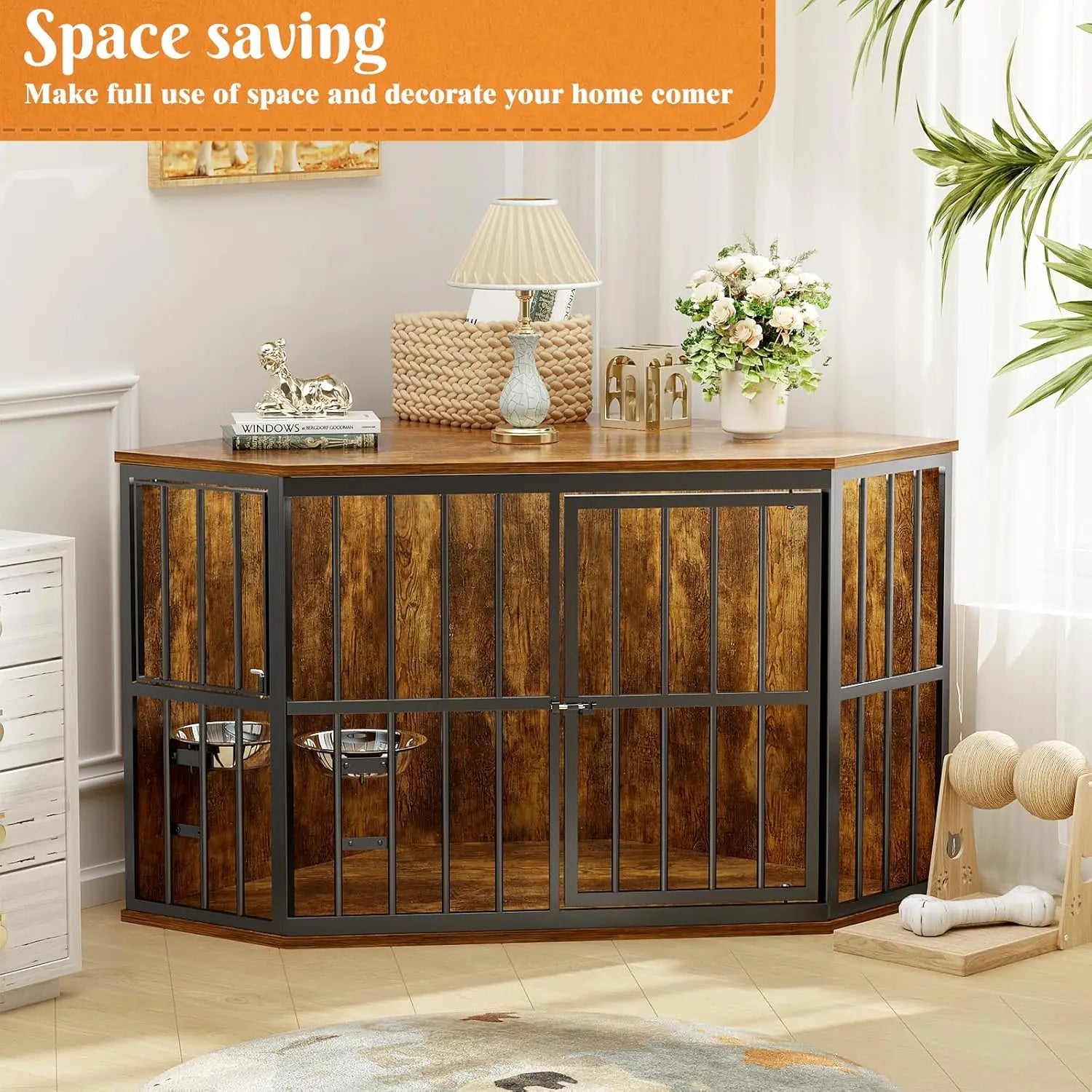 🐾 53" Corner Dog Kennel Wooden End Table – Space-Saving Crate with Built-In Bowl & Wide Top