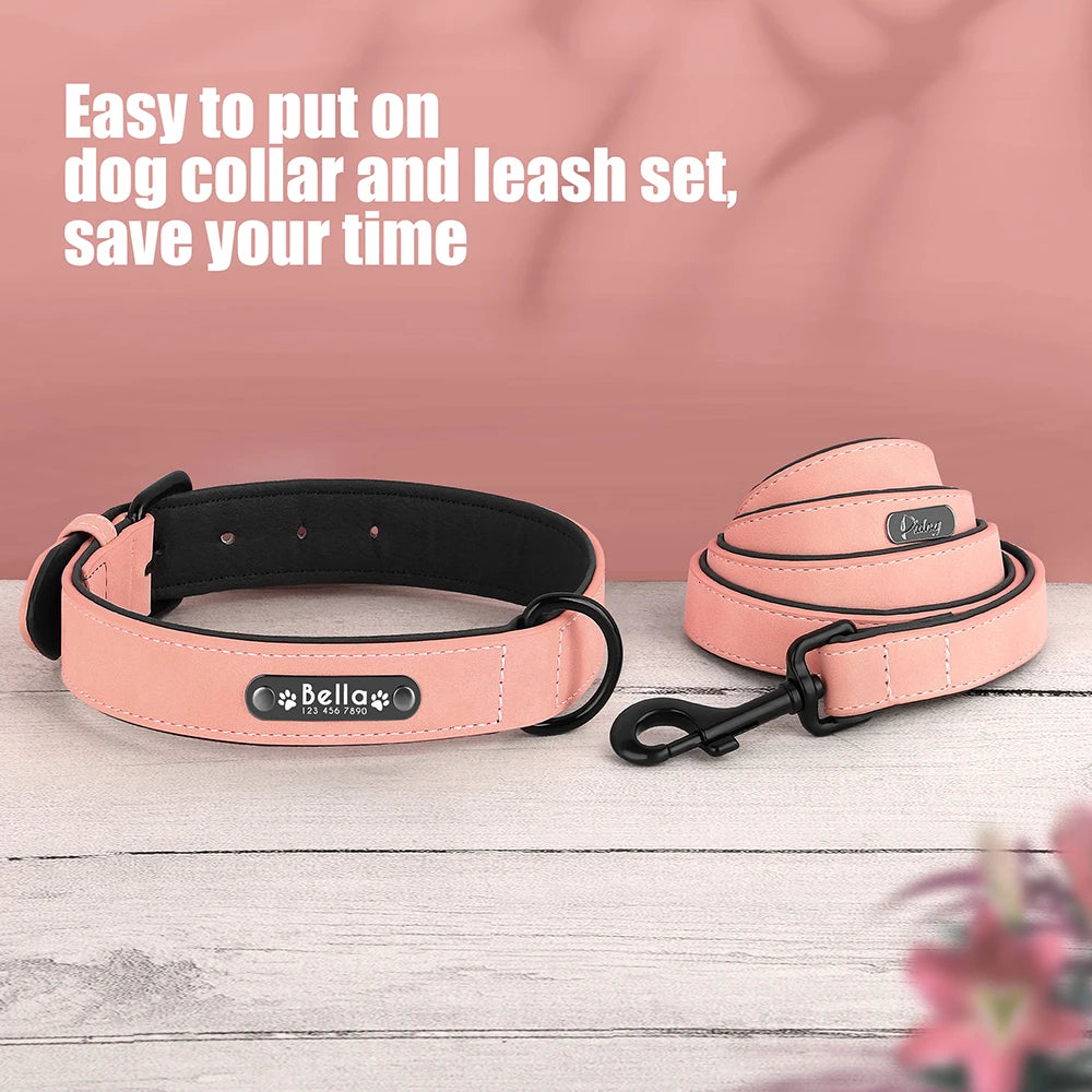 Personalized Leather Dog Collar & Leash Set – Custom ID for Small to Large Breeds