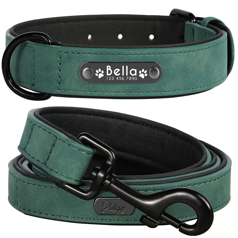 Personalized Leather Dog Collar & Leash Set – Custom ID for Small to Large Breeds