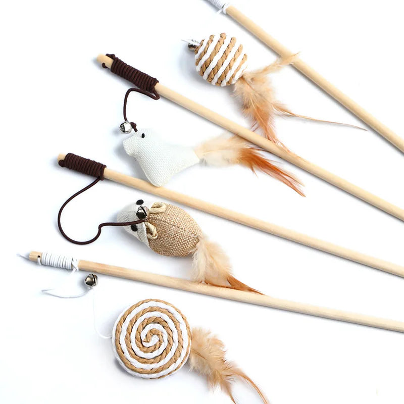 🎉 Teaser Feather Wand Toy – Interactive Cat Stick with Wooden Handle