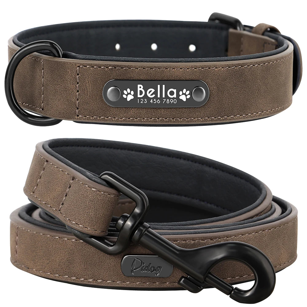 Personalized Leather Dog Collar & Leash Set – Custom ID for Small to Large Breeds