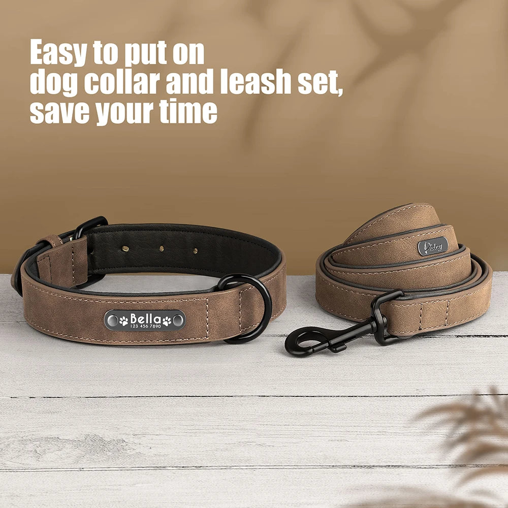 Personalized Leather Dog Collar & Leash Set – Custom ID for Small to Large Breeds