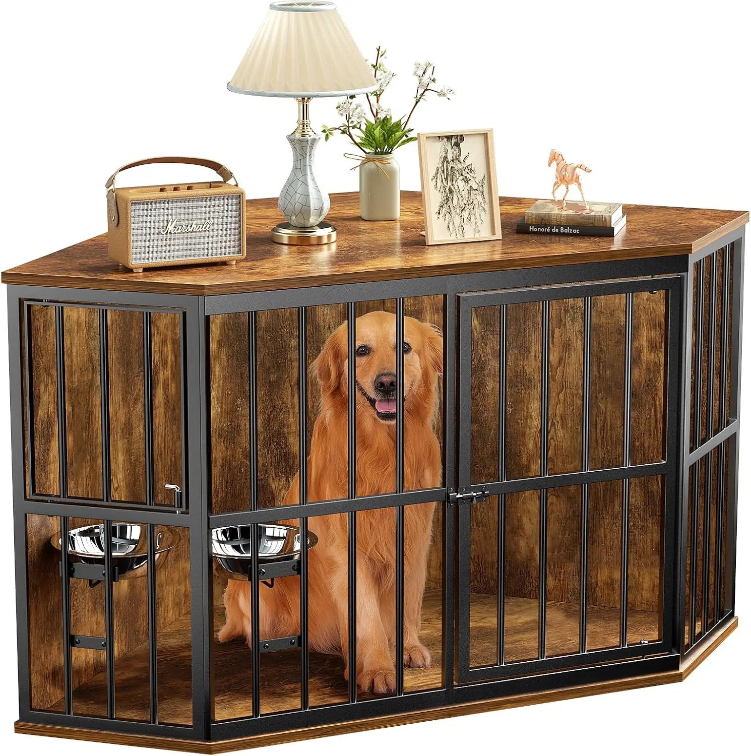 🐾 53" Corner Dog Kennel Wooden End Table – Space-Saving Crate with Built-In Bowl & Wide Top