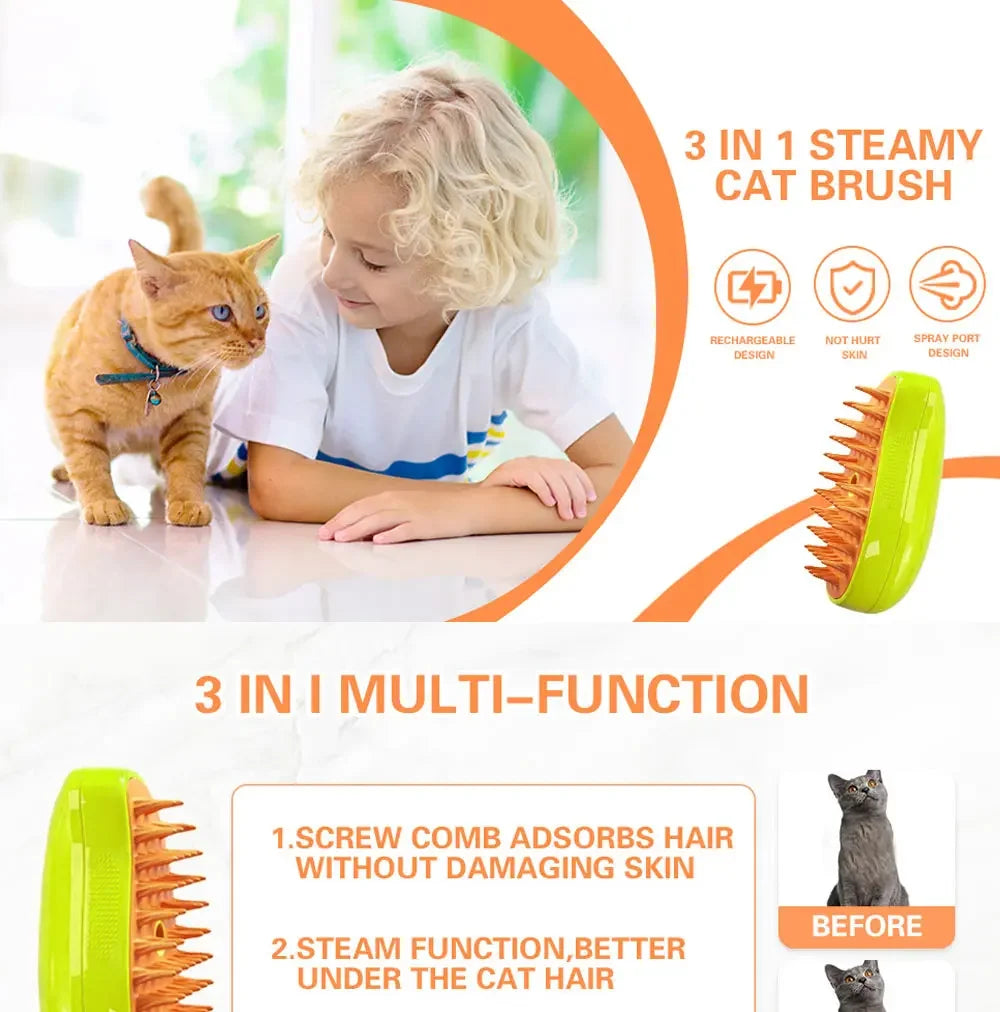 🐾 3-in-1 Electric Steamy Pet Grooming Brush – Shedding, Massage & Steam Spray Comb for Dogs & Cats