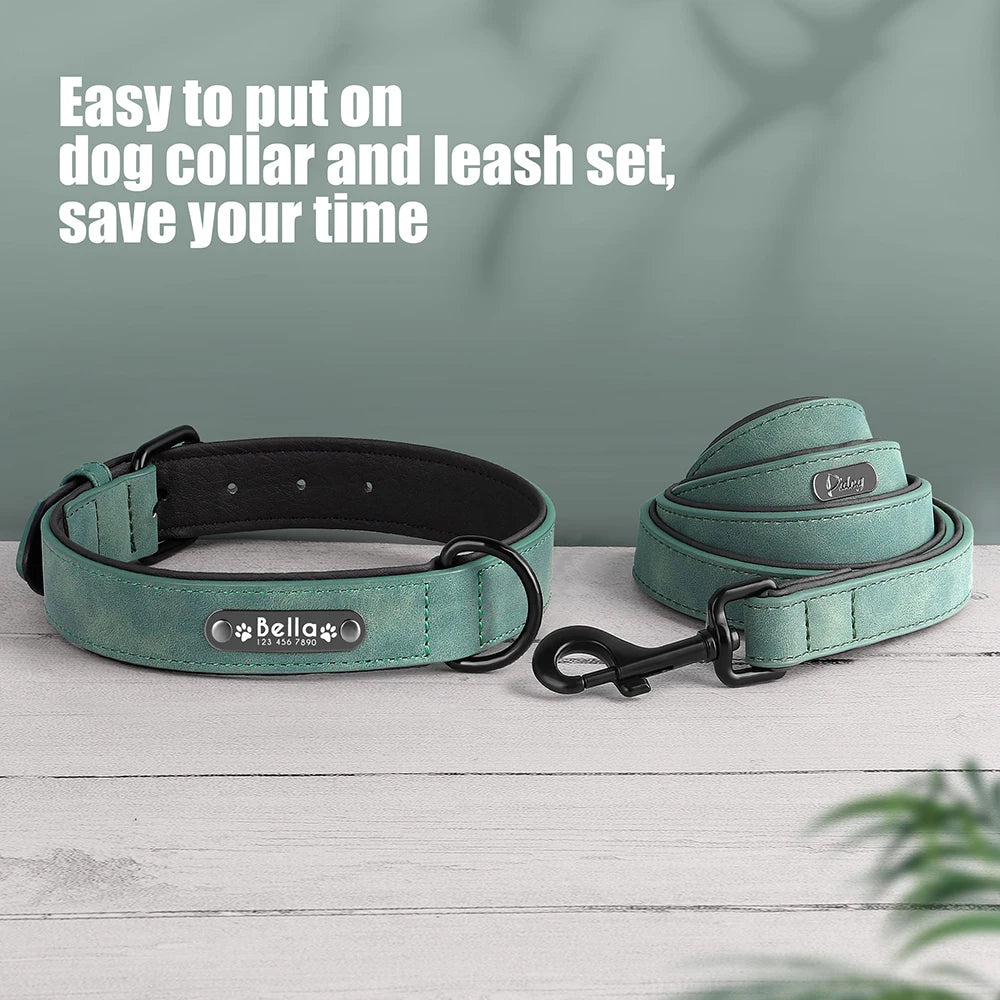 Personalized Leather Dog Collar & Leash Set – Custom ID for Small to Large Breeds